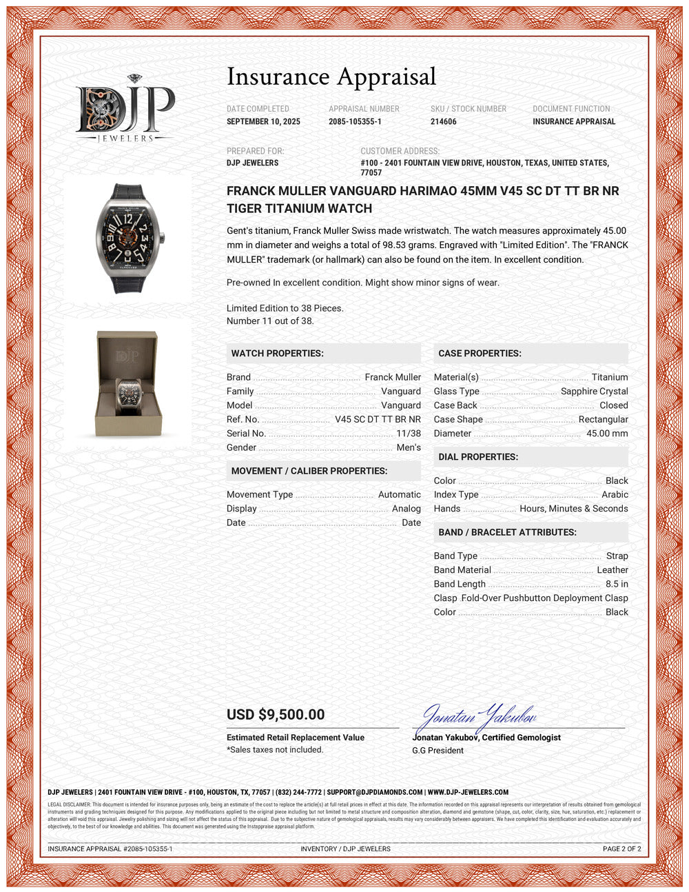 Franck Muller Vanguard Harimao 45MM V45 SC DTTT BR NR Tiger Titanium Watch