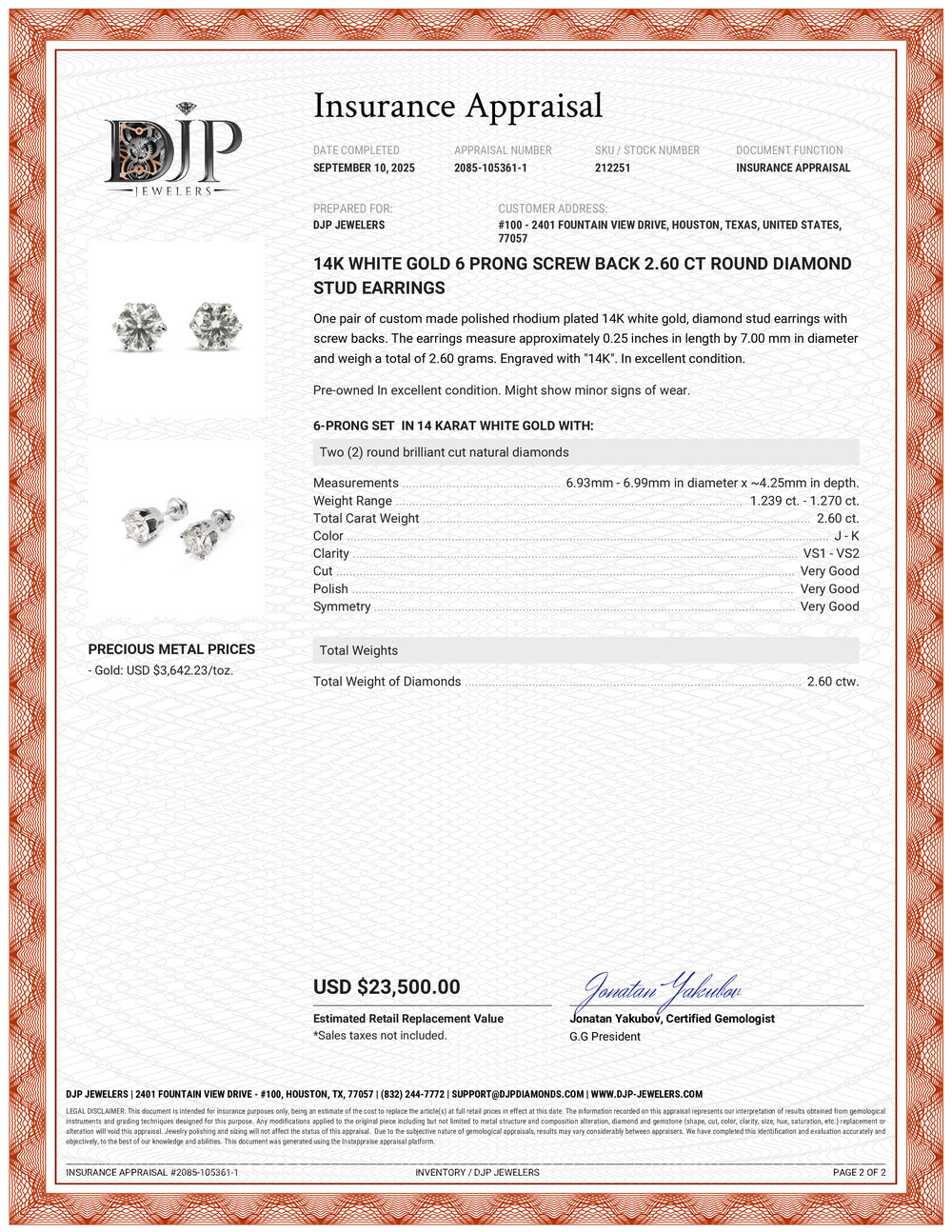 14K White Gold 6 Prong Screw Back 2.60 CT Round Diamond Stud Earrings