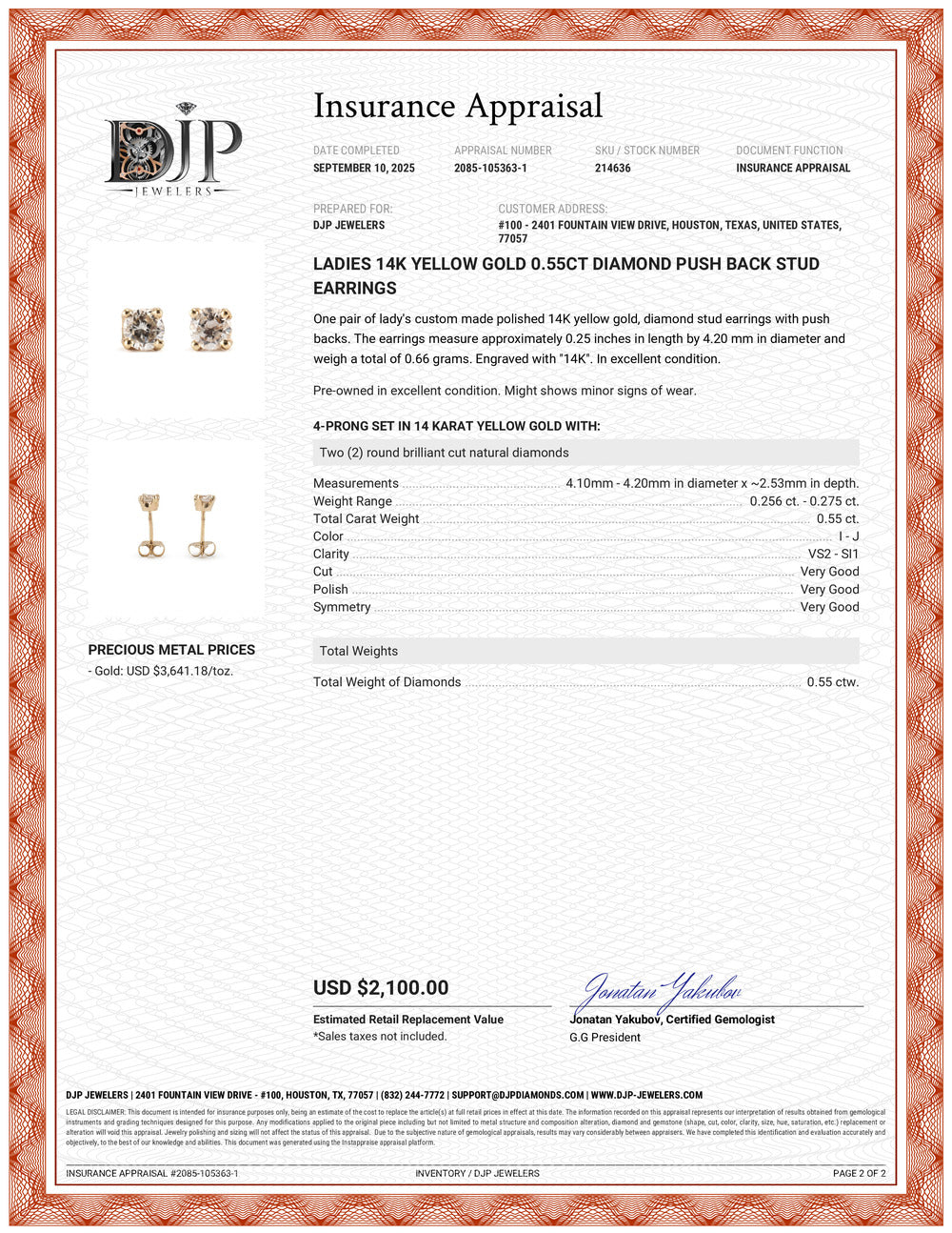 Ladies 14K Yellow Gold 0.55ct Diamond Push Back Stud Earrings