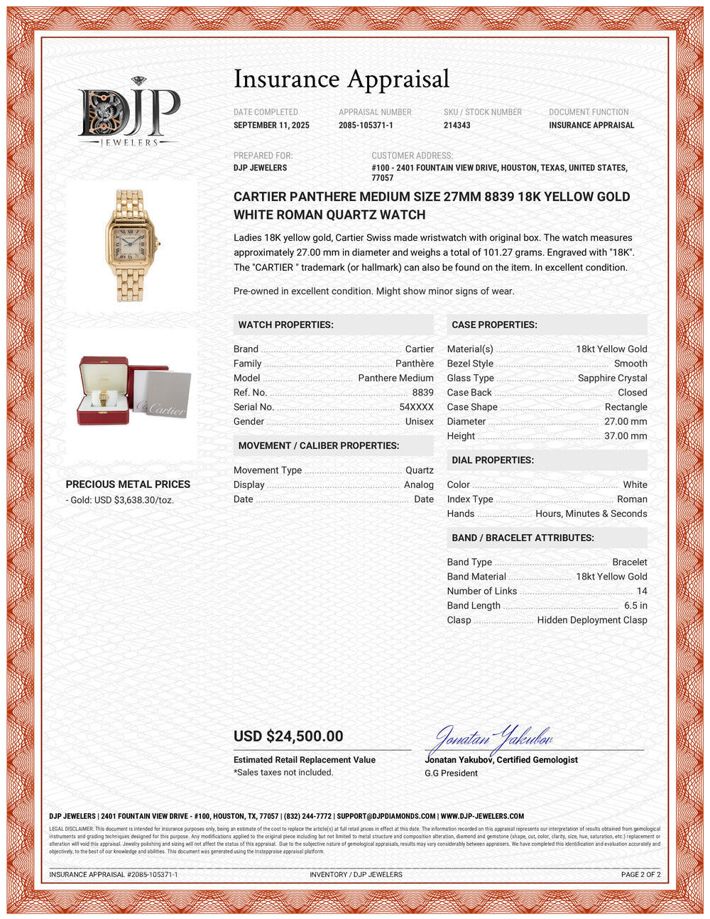 Cartier Panthere Medium Size 27MM 8839 18K Yellow Gold White Roman Quartz Watch