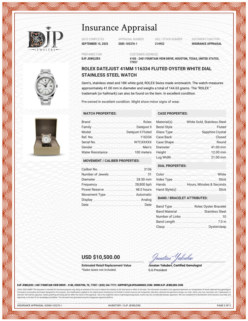 Rolex Datejust 41MM 116334 Fluted Oyster White Dial Stainless Steel Watch