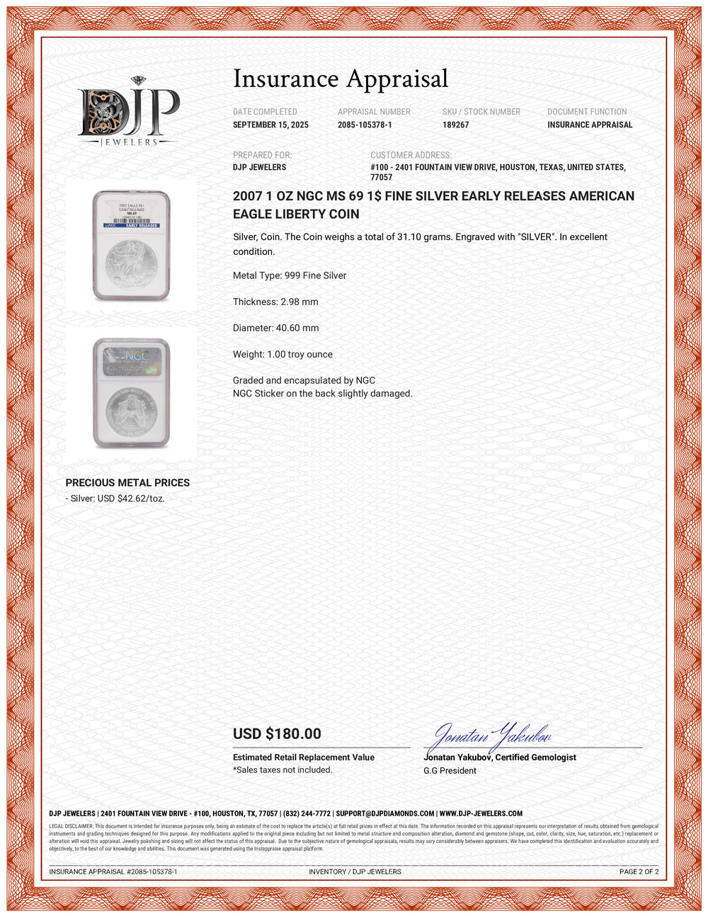 2007 1 Oz NGC MS 69 1$ Fine Silver Early Releases American Eagle Liberty Coin
