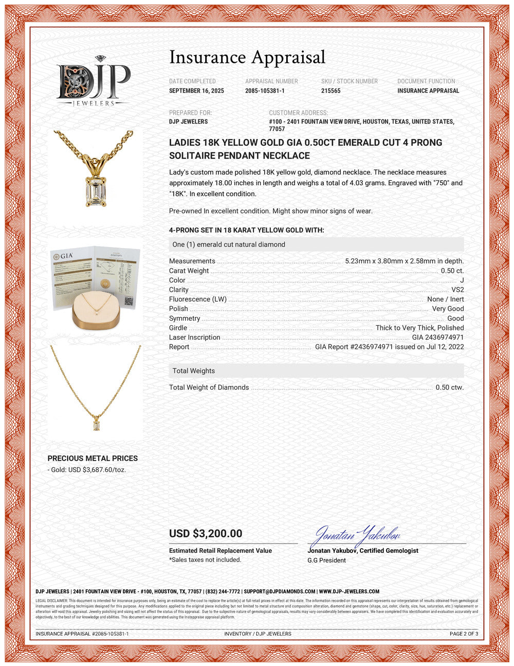 Ladies 18K Yellow Gold GIA 0.50ct Emerald Cut 4 Prong Solitaire Pendant Necklace