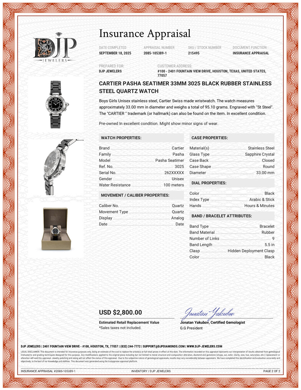 Cartier Pasha Seatimer 33MM 3025 Black Rubber Stainless Steel Quartz Watch