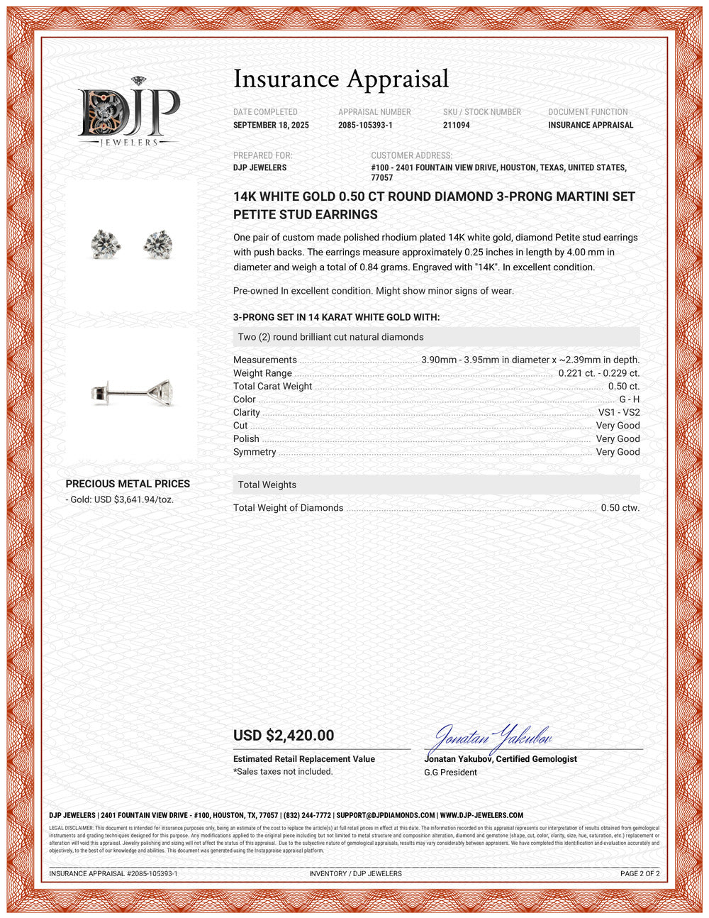 14K White Gold 0.50 CT Round Diamond 3-Prong Martini Set Petite Stud Earrings