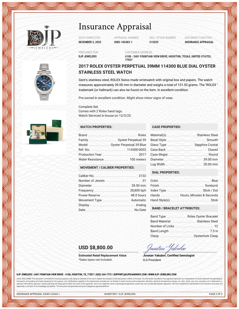 2017 Rolex Oyster Perpetual 39MM 114300 Blue Dial Oyster Stainless Steel Watch