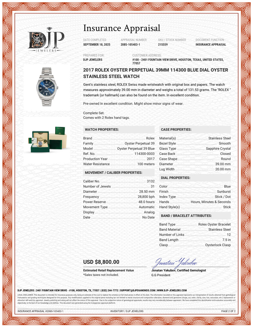 2017 Rolex Oyster Perpetual 39MM 114300 Blue Dial Oyster Stainless Steel Watch