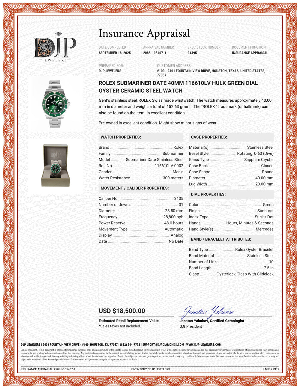 Rolex Submariner Date 40MM 116610LV Hulk Green Dial Oyster Ceramic Steel Watch