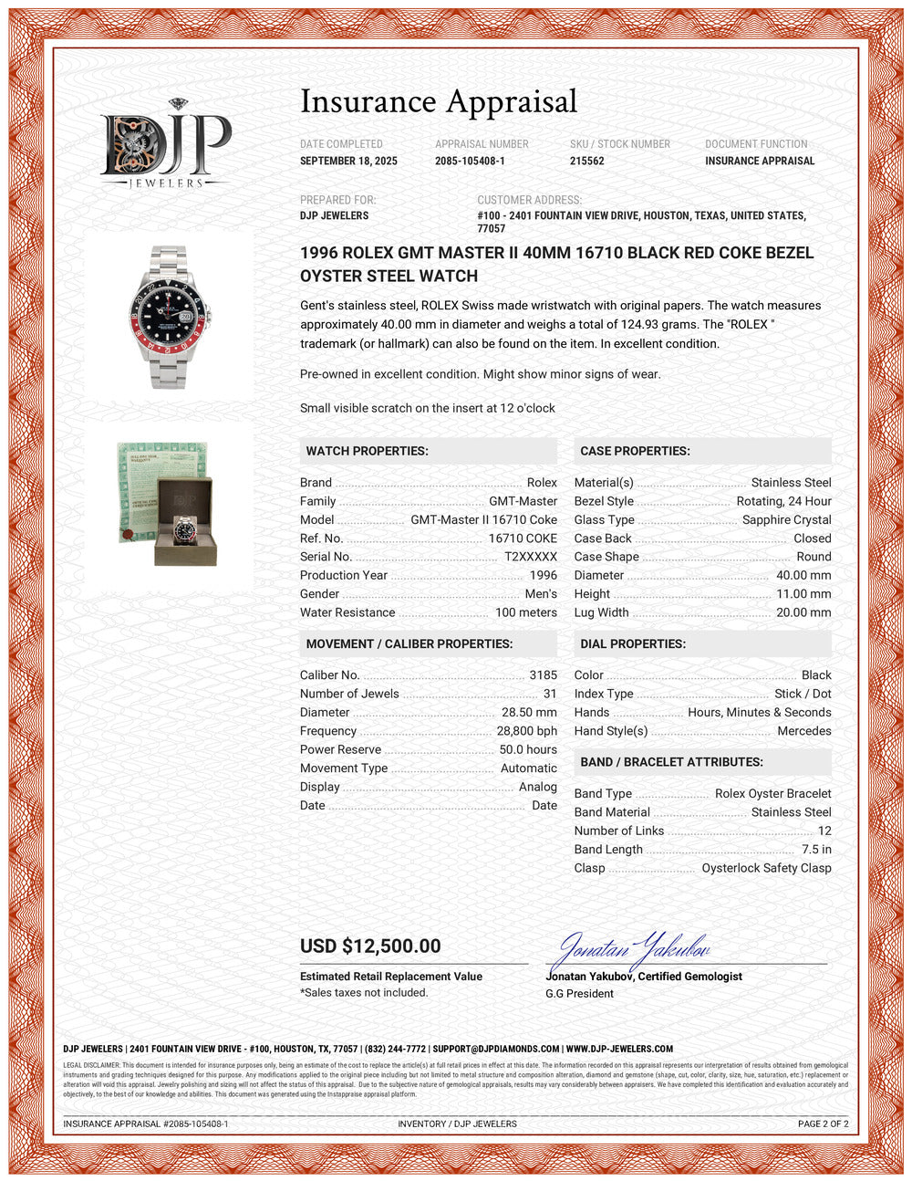 1996 Rolex GMT Master II 40MM 16710 Black Red Coke Bezel Oyster Steel Watch