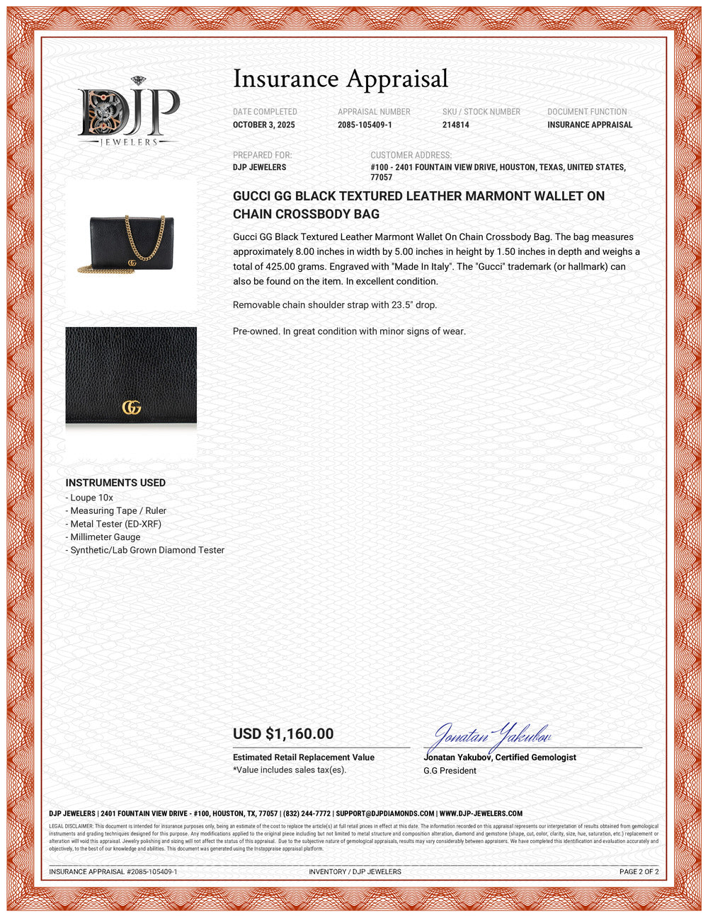Gucci Gg Black Textured Leather Marmont Wallet on Chain Crossbody Bag
