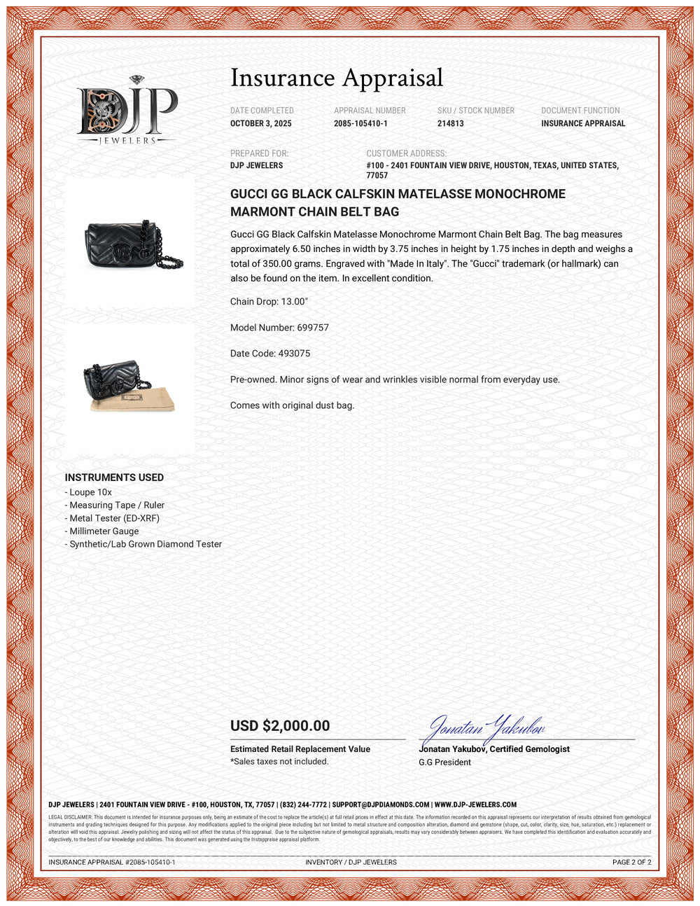 Gucci GG Black Calfskin Matelasse Monochrome Marmont Chain Belt Bag