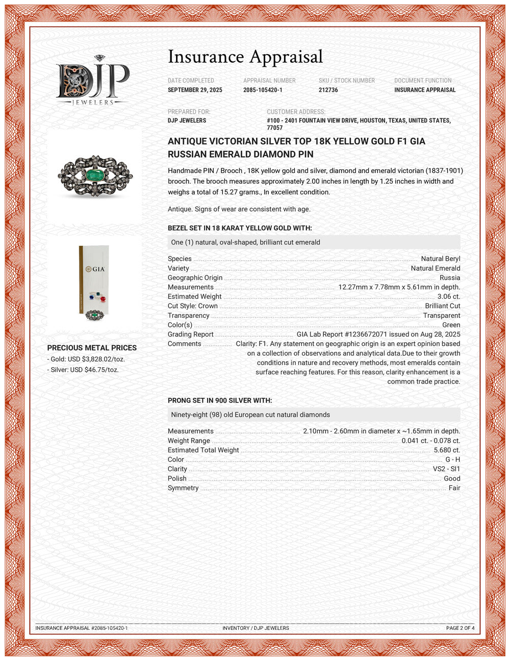 Antique Victorian Silver Top 18K Yellow Gold F1 GIA 3.06ct Emerald Diamond PIN