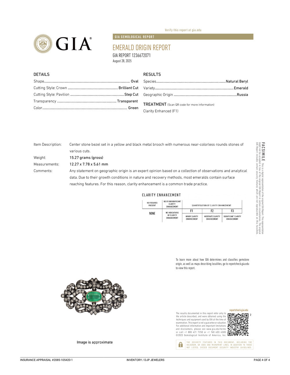 Antique Victorian Silver Top 18K Yellow Gold F1 GIA 3.06ct Emerald Diamond PIN