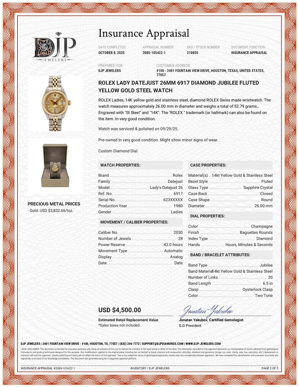 Rolex Lady Datejust 26MM 6917 Diamond Jubilee Fluted Yellow Gold Steel Watch
