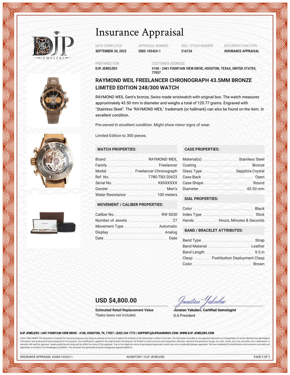 Raymond Weil Freelancer Chronograph 43.5mm Bronze Limited Edition 248/300 Watch
