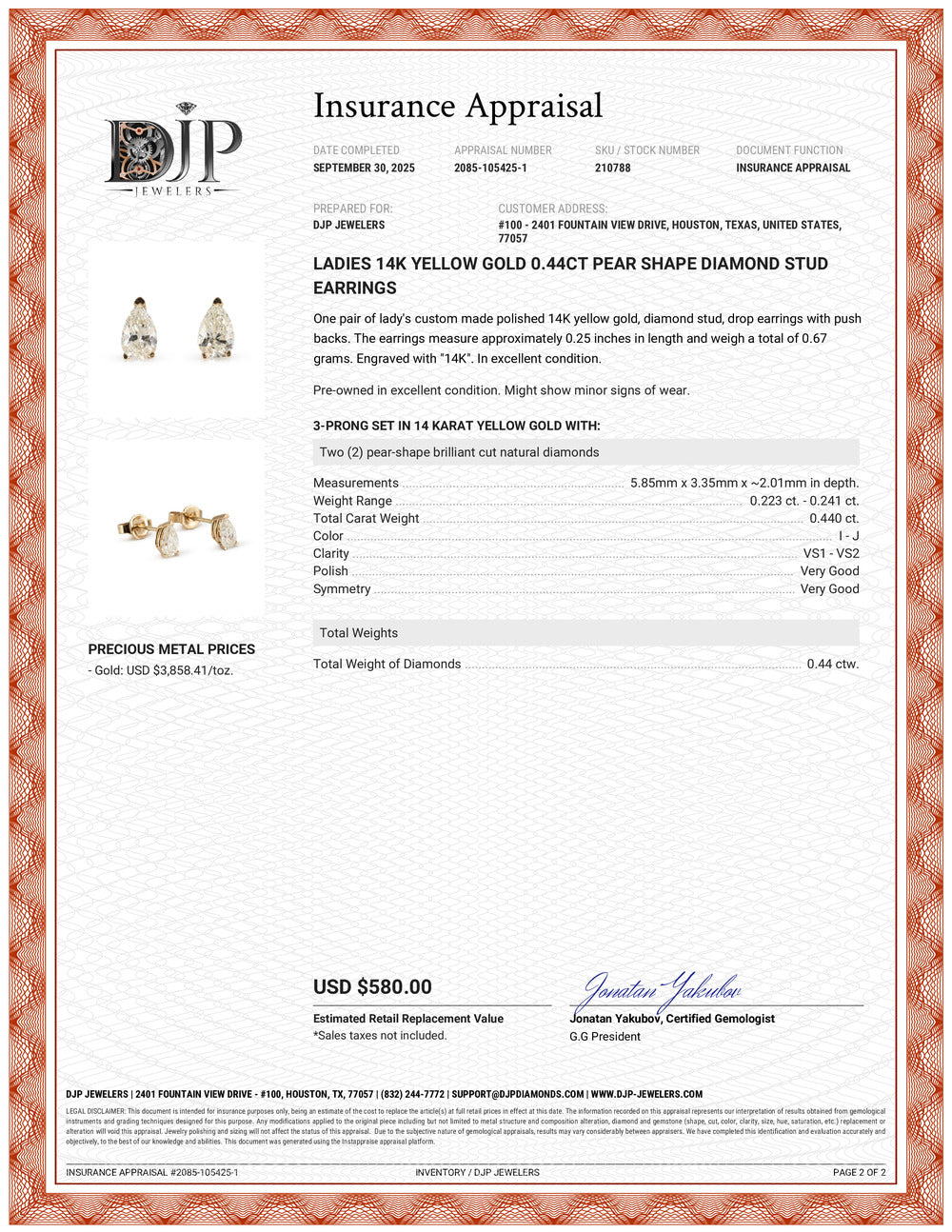 Ladies 14K Yellow Gold 0.44ct Pear Shape Diamond Stud Earrings