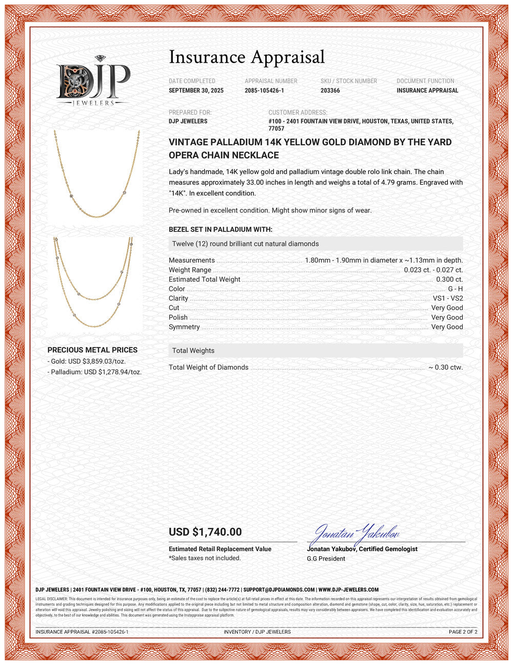 Vintage Palladium 14K Yellow Gold Diamond by the Yard Opera Chain Necklace