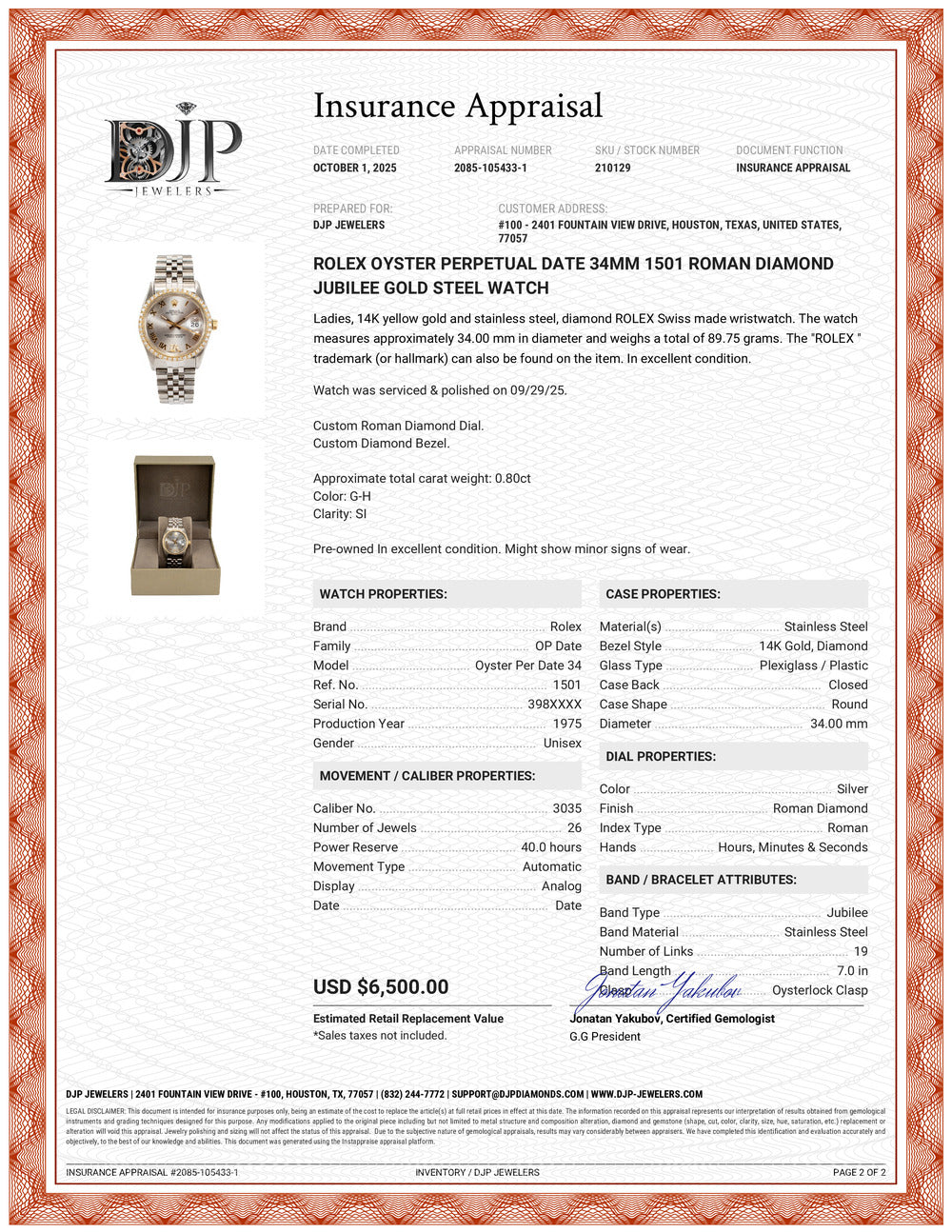 Rolex Oyster Perpetual Date 34MM 1501 Roman Diamond Jubilee Gold Steel Watch