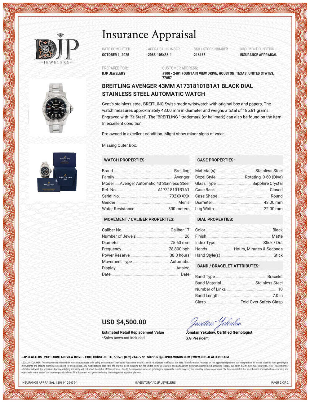 Breitling Avenger 43MM A17318101B1A1 Black Dial Stainless Steel Automatic Watch