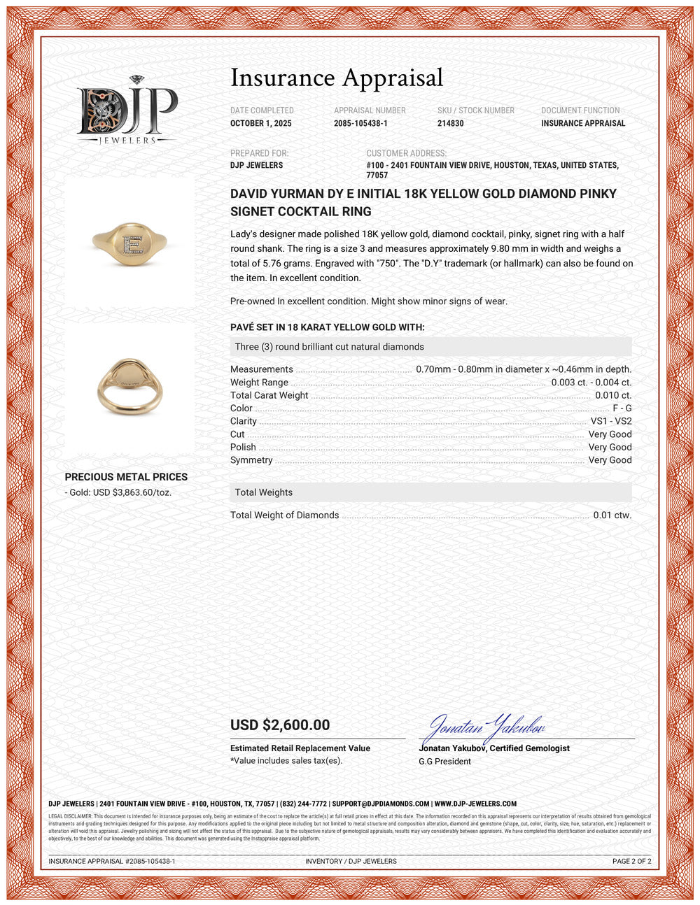 David Yurman DY E Initial 18K Yellow Gold Diamond Pinky Signet Cocktail Ring