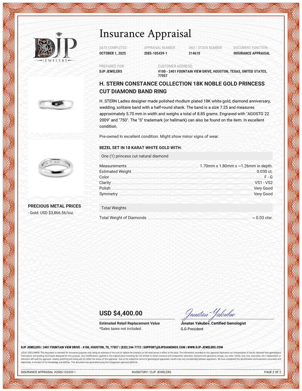 H. Stern Constance Collection 18K Noble Gold Princess Cut Diamond Band Ring
