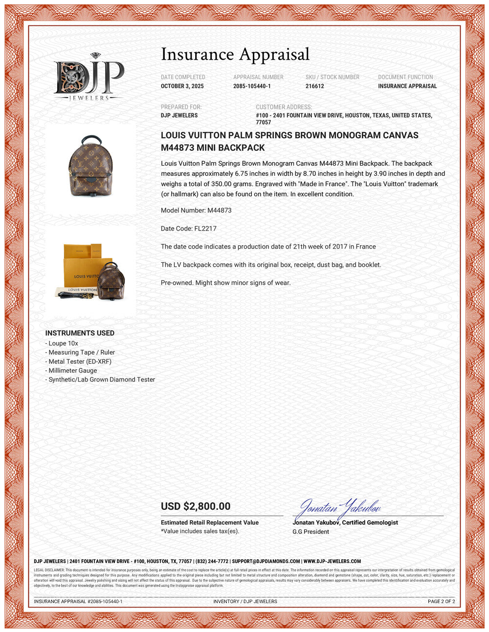 Louis Vuitton Palm Springs Brown Monogram Canvas M44873 Mini Backpack