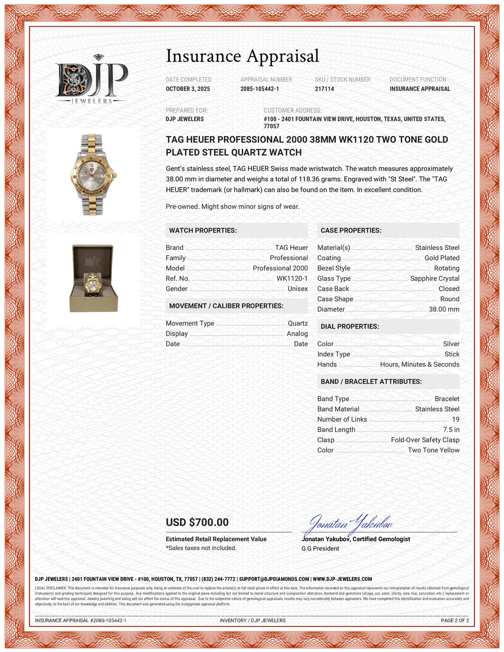 Tag Heuer Professional 2000 38MM WK1120 Two Tone Gold Plated Steel Quartz Watch