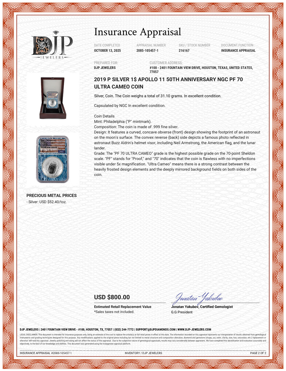 2019 P Silver 1$ Apollo 11 50th Anniversary NGC PF 70 Ultra Cameo Coin