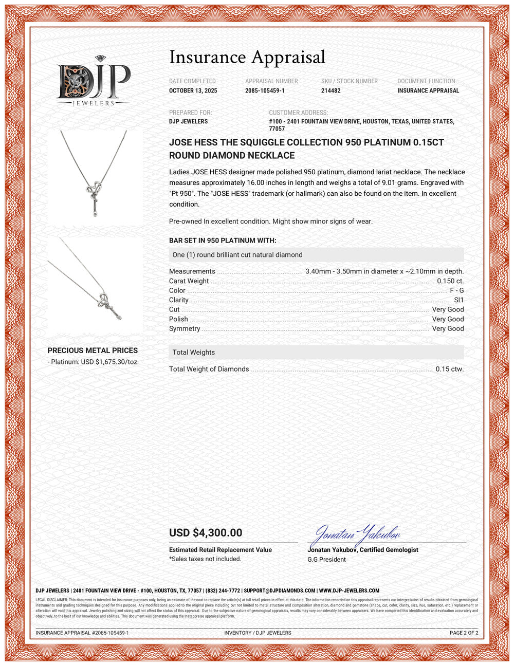 Jose Hess the Squiggle Collection 950 Platinum 0.15ct Round Diamond Necklace