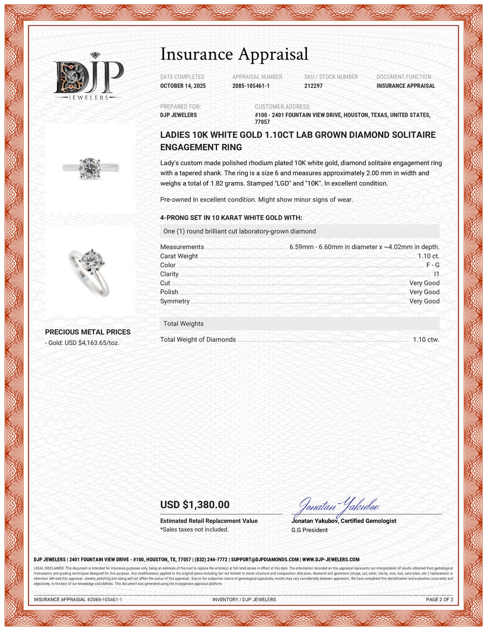Ladies 10K White Gold 1.10ct Lab Grown Diamond Solitaire Engagement Ring