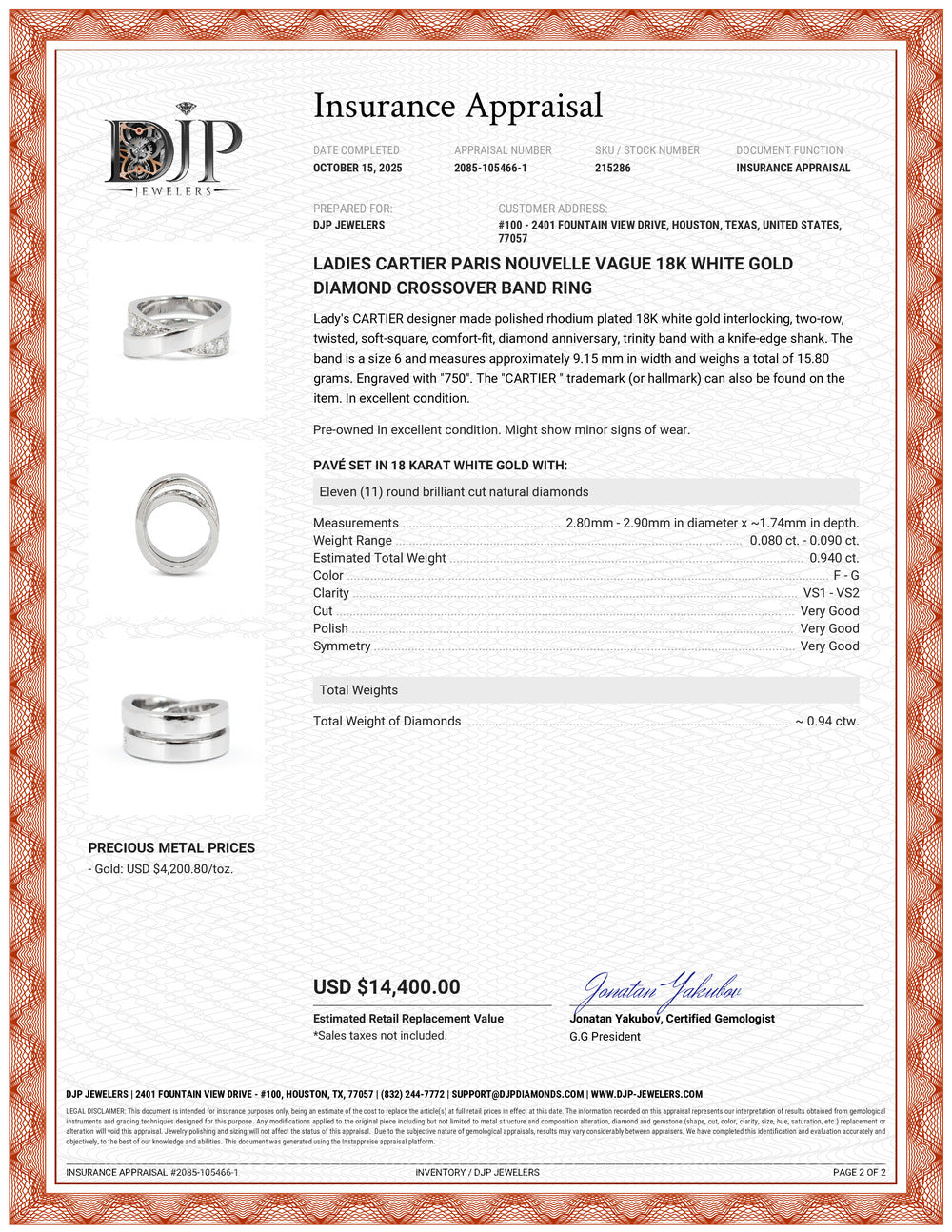 Ladies Cartier Paris Nouvelle Vague 18K White Gold Diamond Crossover Band Ring