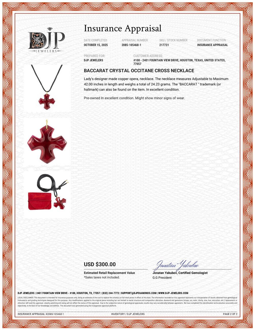 Baccarat Crystal Occitane Cross Necklace