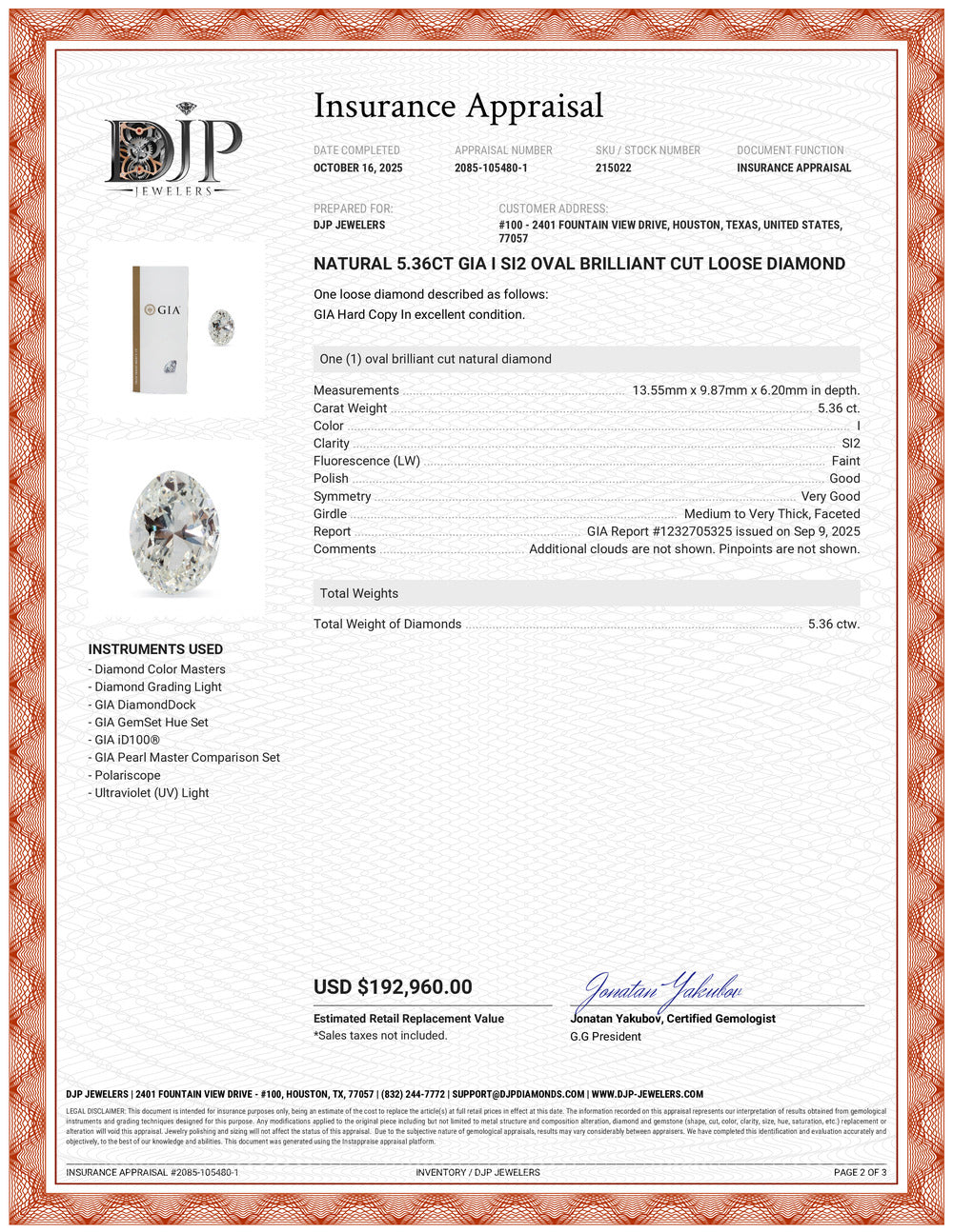 Natural 5.36ct GIA I SI2 Oval Brilliant Cut Loose Diamond