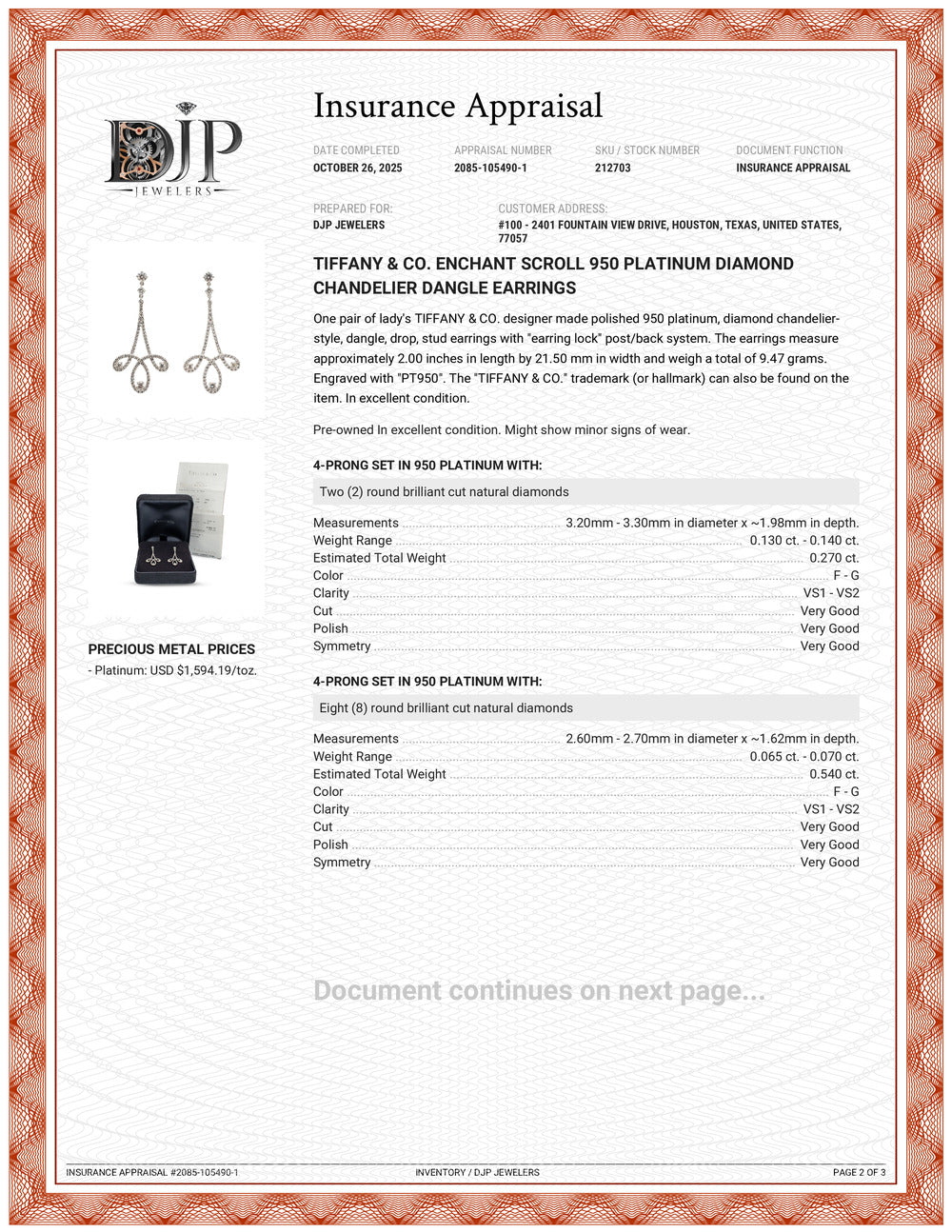 Tiffany & Co. Enchant Scroll 950 Platinum Diamond Chandelier Dangle Earrings