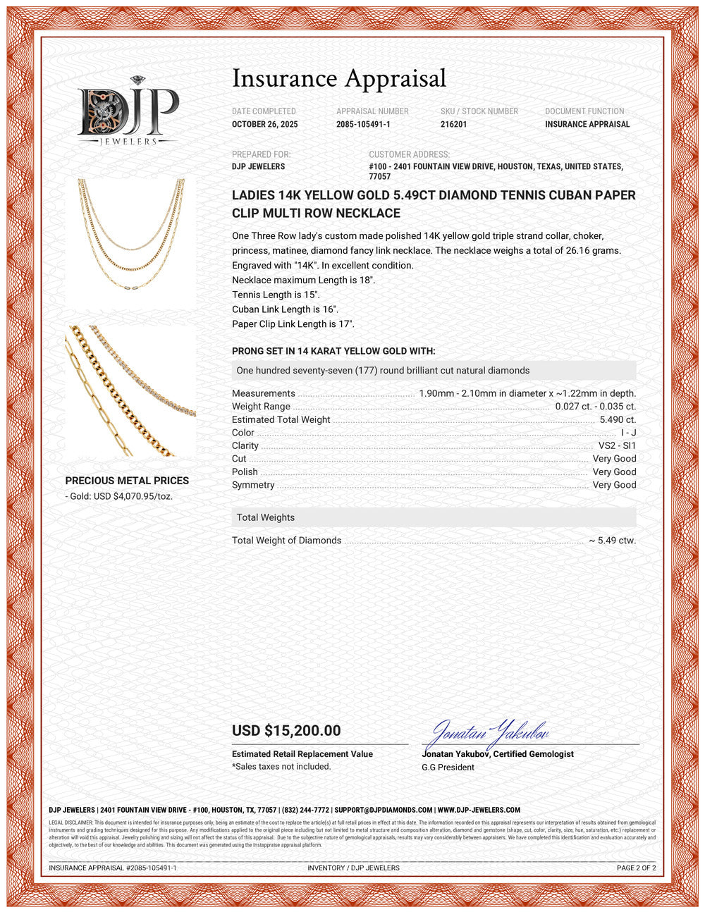 Ladies 14K Yellow Gold 5.49ct Diamond Tennis Cuban Paper Clip Multi Row Necklace