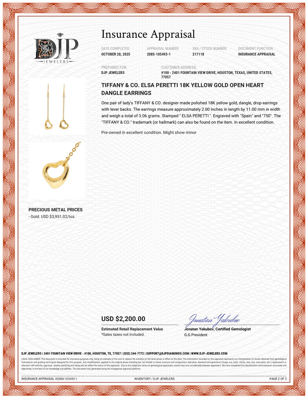 Tiffany & Co. Elsa Peretti 18K Yellow Gold Open Heart Dangle Earrings