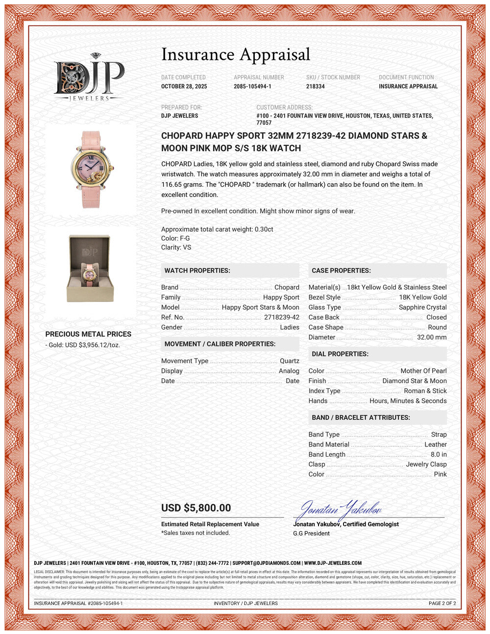 Chopard Happy Sport 32MM 2718239-42 Diamond Stars & Moon Pink Mop S/S 18K Watch