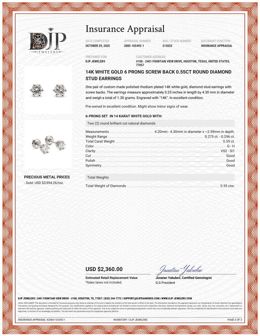 14K White Gold 6 Prong Screw Back 0.55ct Round Diamond Stud Earrings