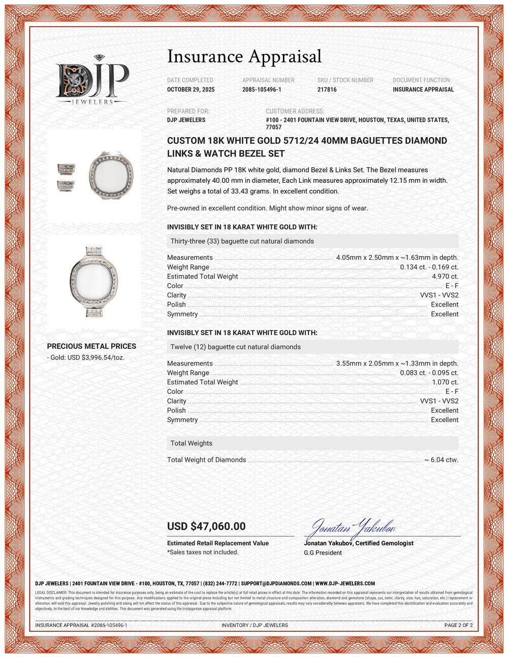 Custom 18K White Gold 5712/24 40MM Baguettes Diamond Links & Watch Bezel Set