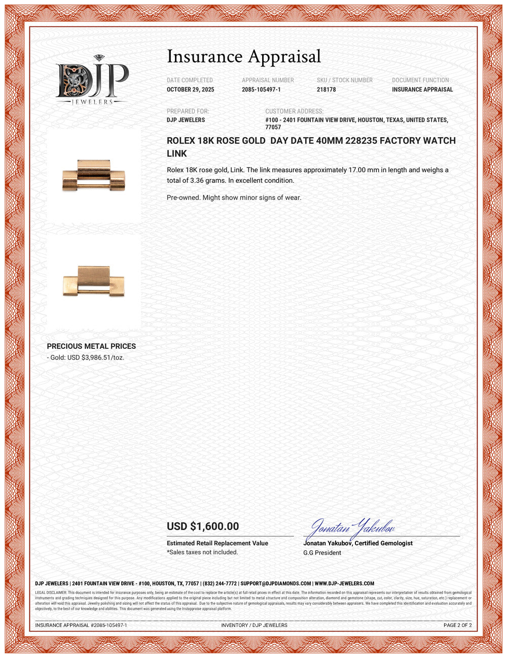 Rolex 18K Rose Gold Day Date 40MM 228235 Factory Watch Link