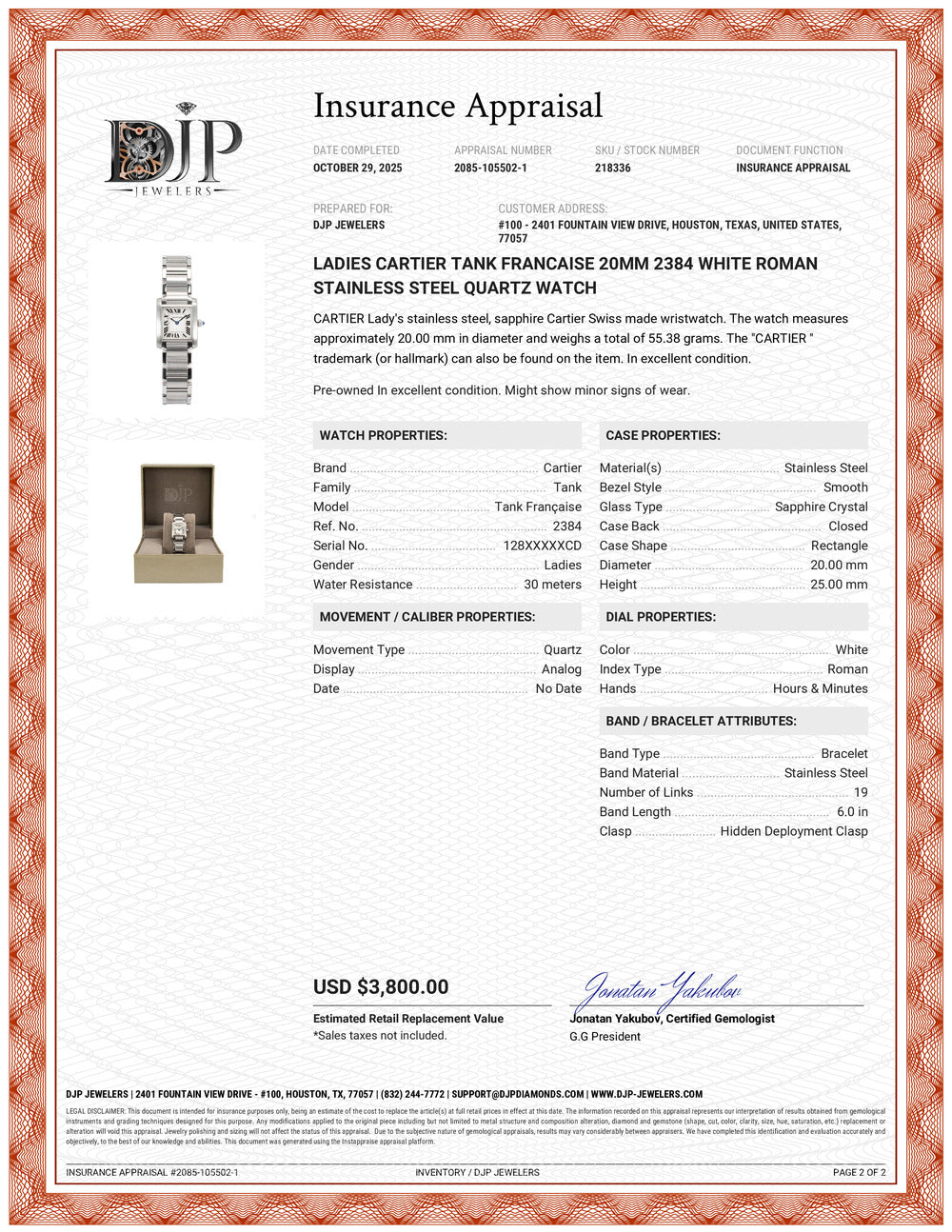 Ladies Cartier Tank Francaise 20MM 2384 White Roman Stainless Steel Quartz Watch