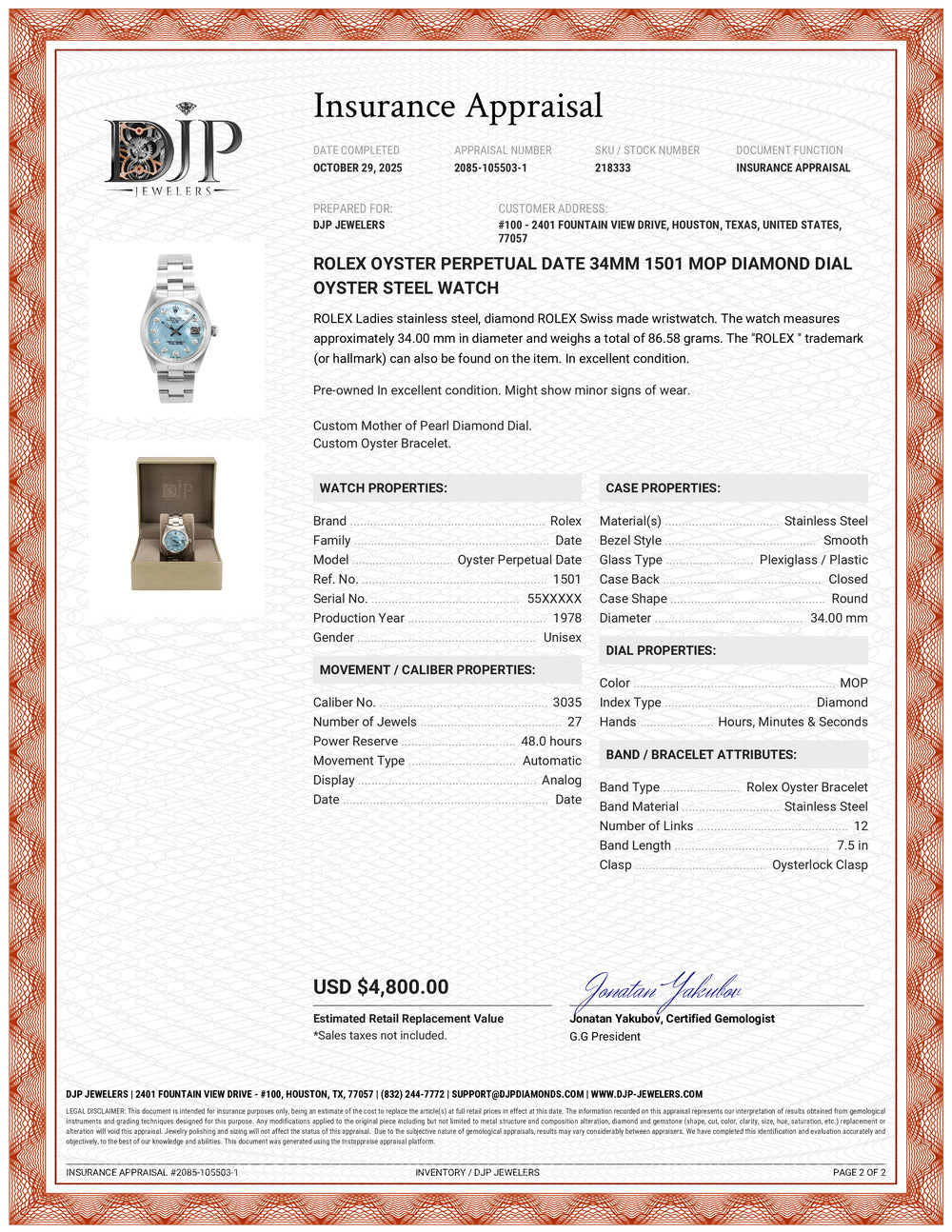 Rolex Oyster Perpetual Date 34MM 1501 Mop Diamond Dial Oyster Steel Watch