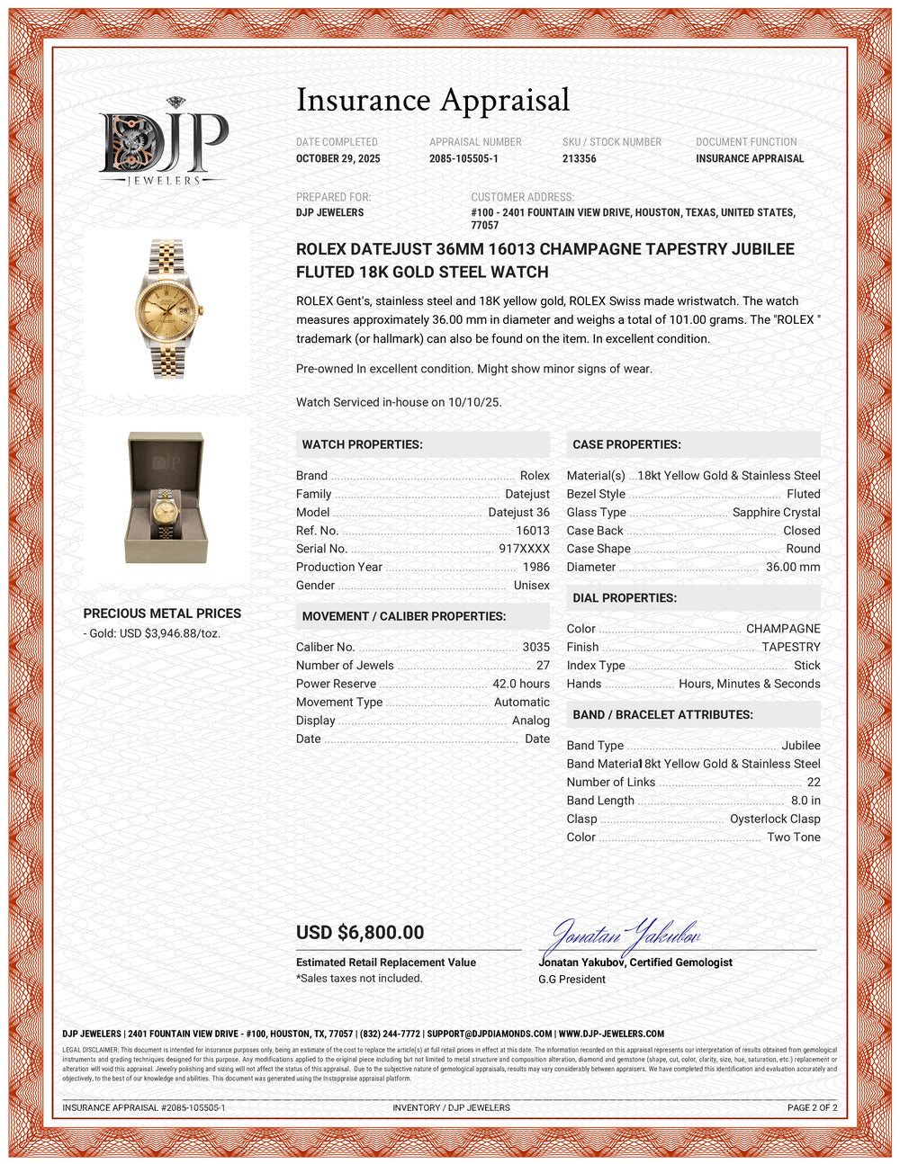 Rolex Datejust 36MM 16013 Champagne Tapestry Jubilee Fluted 18K Gold Steel Watch