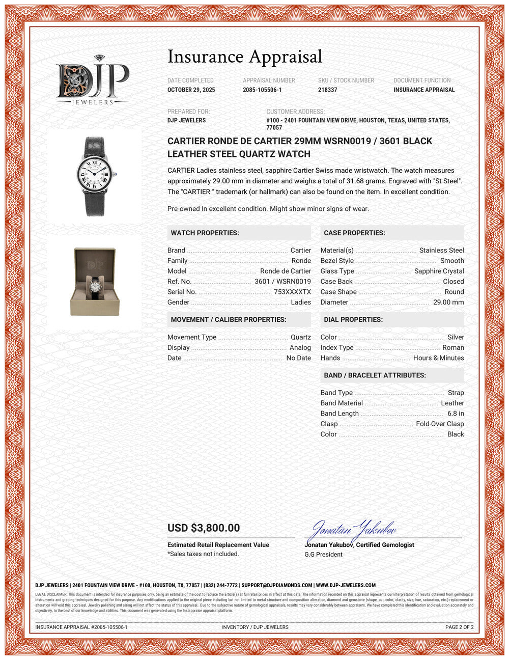 Cartier Ronde de Cartier 29MM WSRN0019 / 3601 Black Leather Steel Quartz Watch