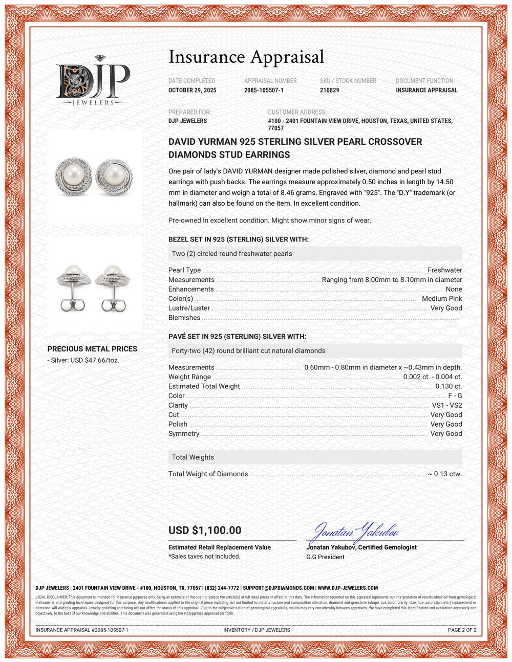 David Yurman 925 Sterling Silver Pearl Crossover Diamonds Stud Earrings