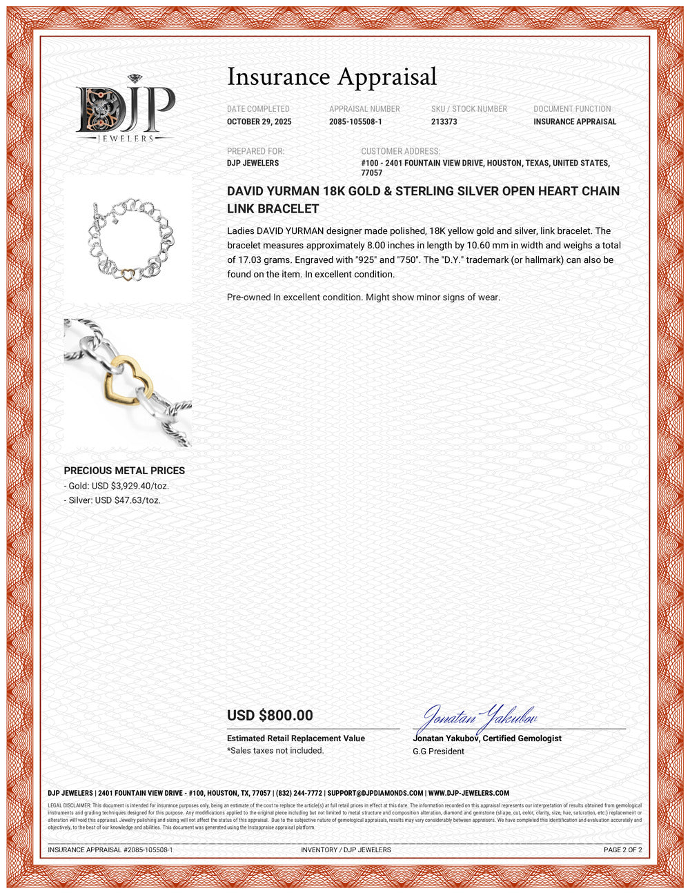 David Yurman 18K Gold & Sterling Silver Open Heart Chain Link Bracelet