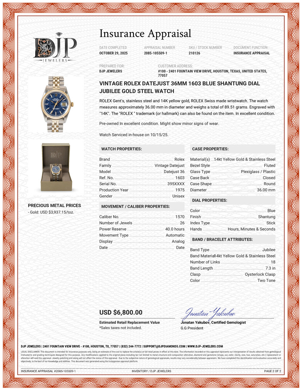 Vintage Rolex Datejust 36MM 1603 Blue Shantung Dial Jubilee Gold Steel Watch