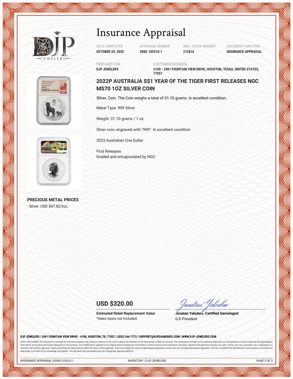 2022P Australia S$1 Year of the Tiger First Releases NGC MS70 1OZ Silver Coin