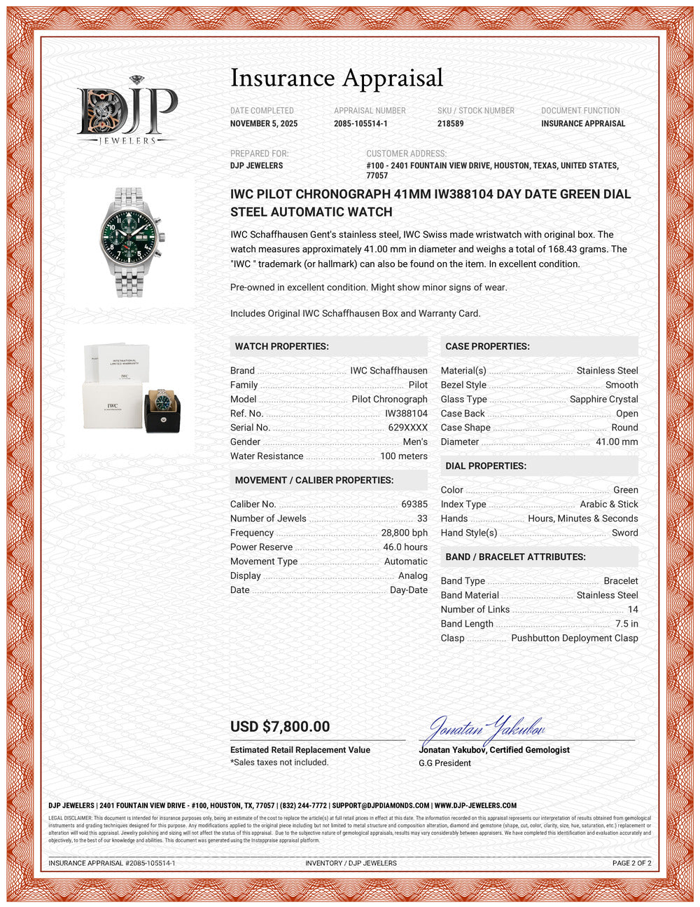 IWC Pilot Chronograph 41MM IW388104 Day Date Green Dial Steel Automatic Watch