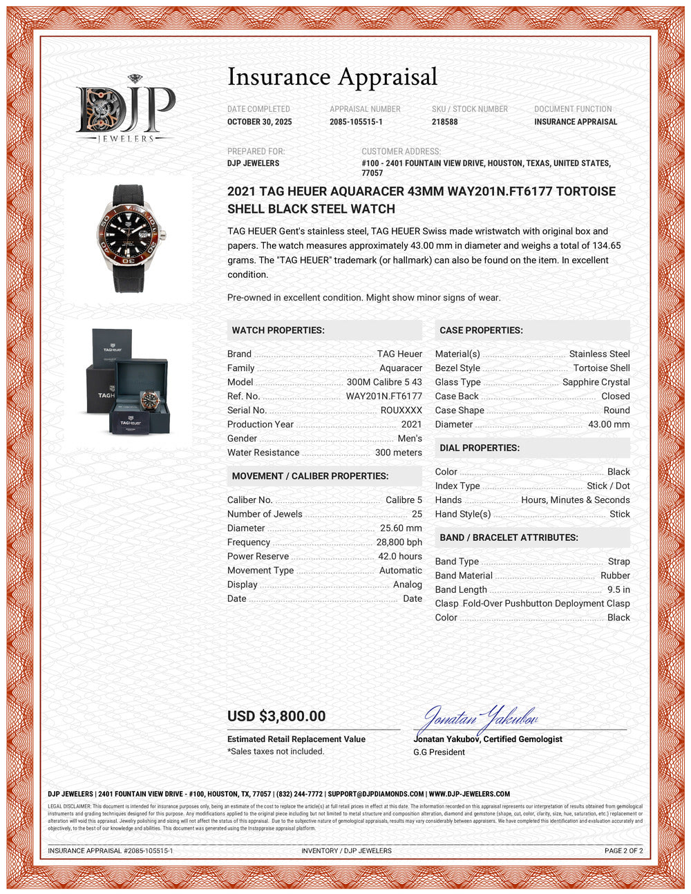 2021 Tag Heuer Aquaracer 43MM way201n.ft6177 Tortoise Shell Black Steel Watch